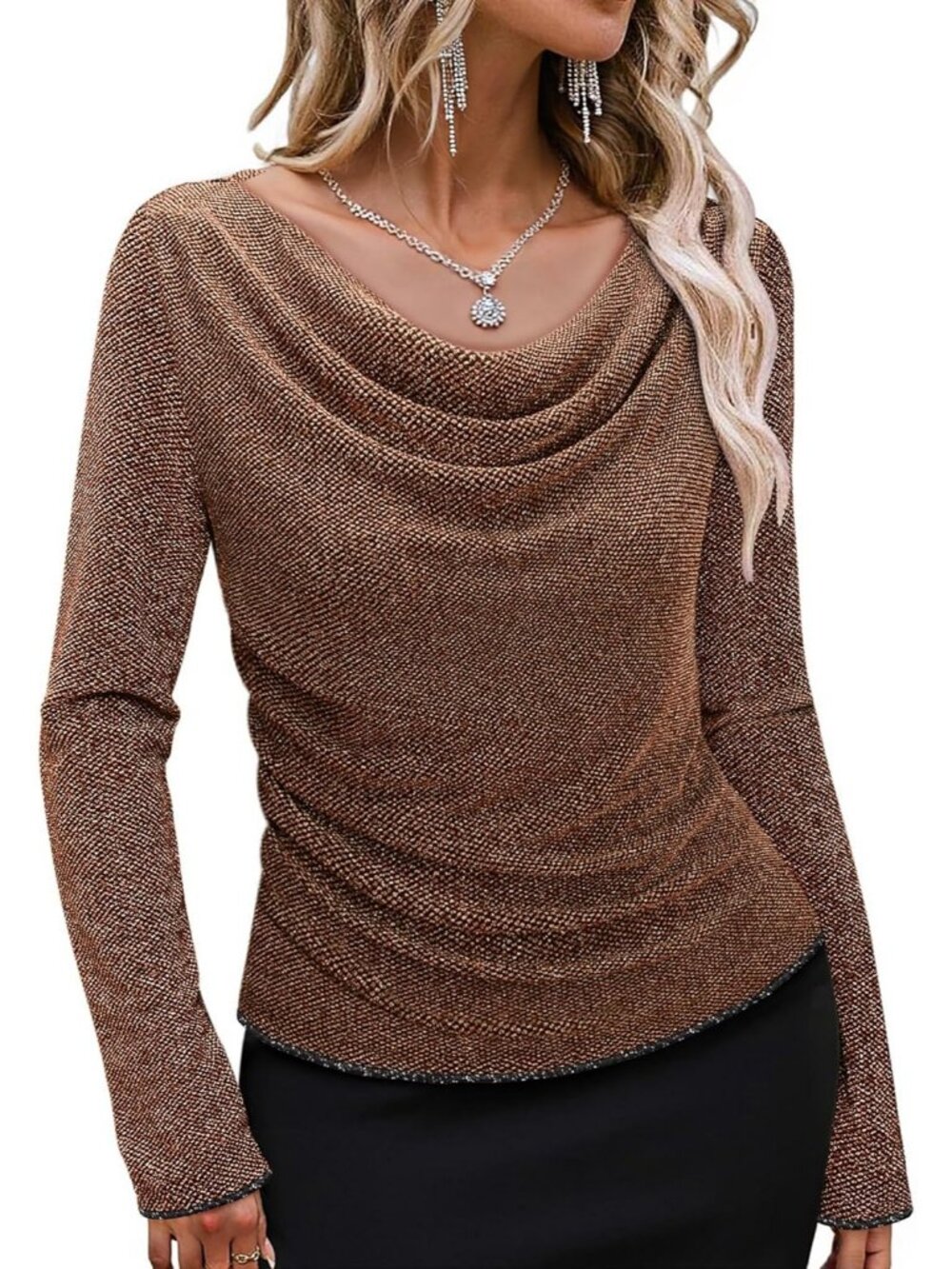 Women's Gold Diamond Cowl Neck Stretchy Glitter Cocktail Party Long Sleeve Tops